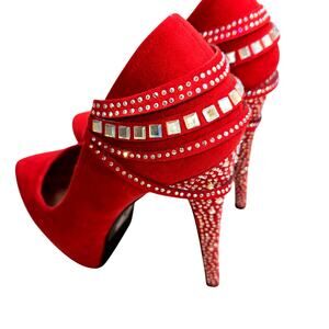 Paprika 6 Women's Dress Shoes Red  5 inch Heels Platform Rhinestones Closed Toe